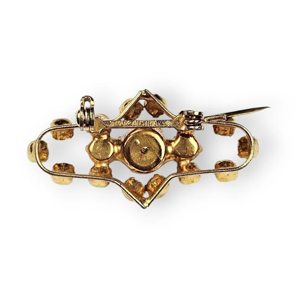 Vintage Austria Rhinestone Bar Brooch Aurora Borealis AB Brown Glass Gold Plated